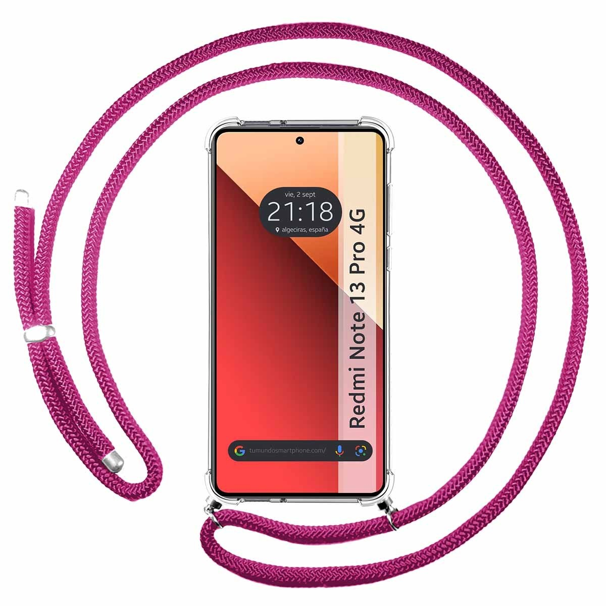 Custodia per telefono con una corda rosa e uno schermo.