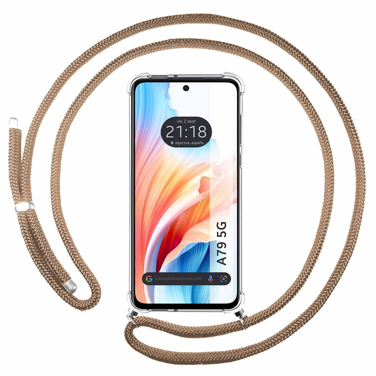 Telefono con cinturino in corda marrone, telefono con ora e data.
