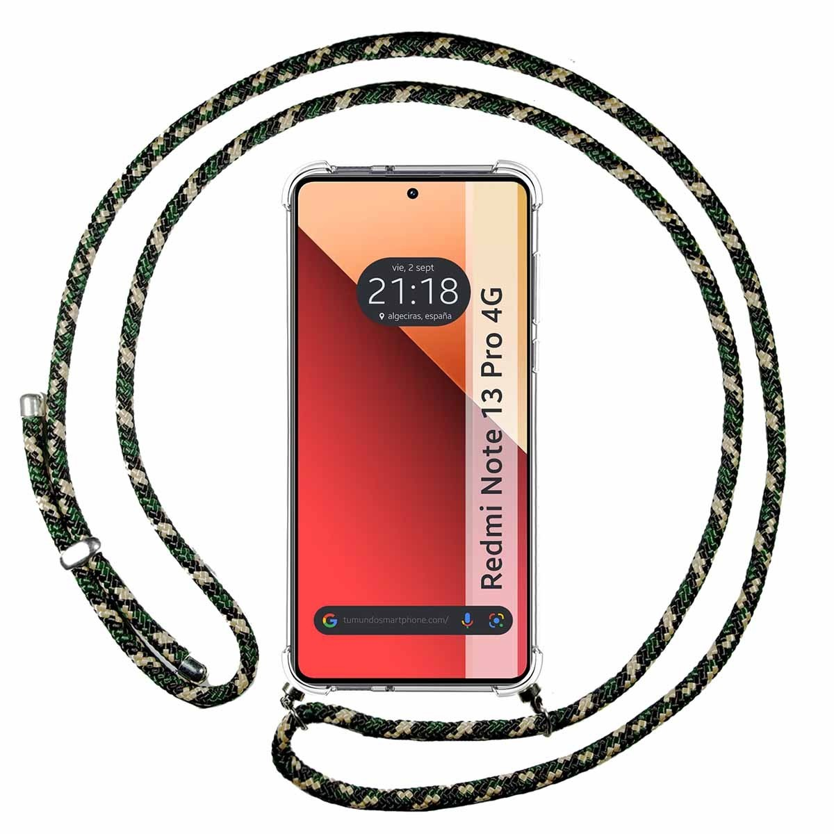 Un telefono con un cordino mimetico verde e nero.