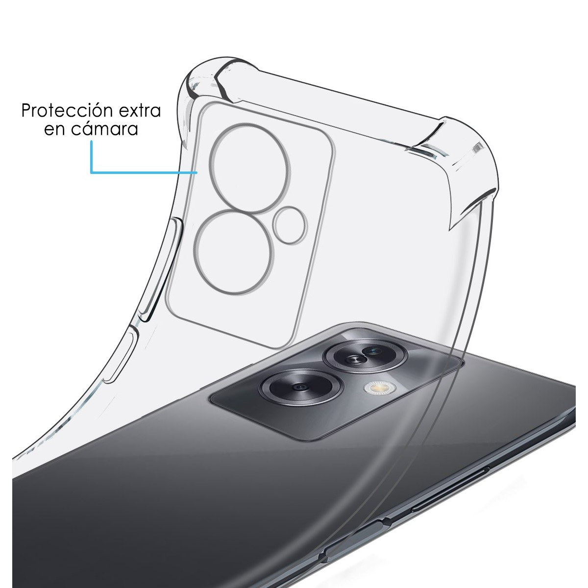 Custodia trasparente per telefono sopra un telefono nero. La custodia evidenzia la protezione della fotocamera.