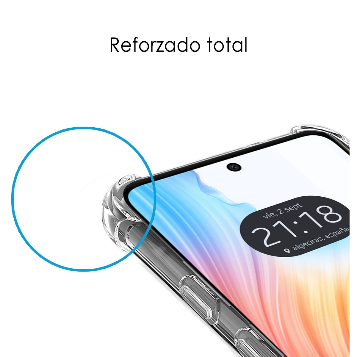 Custodia trasparente con schermo del telefono, testo sopra.