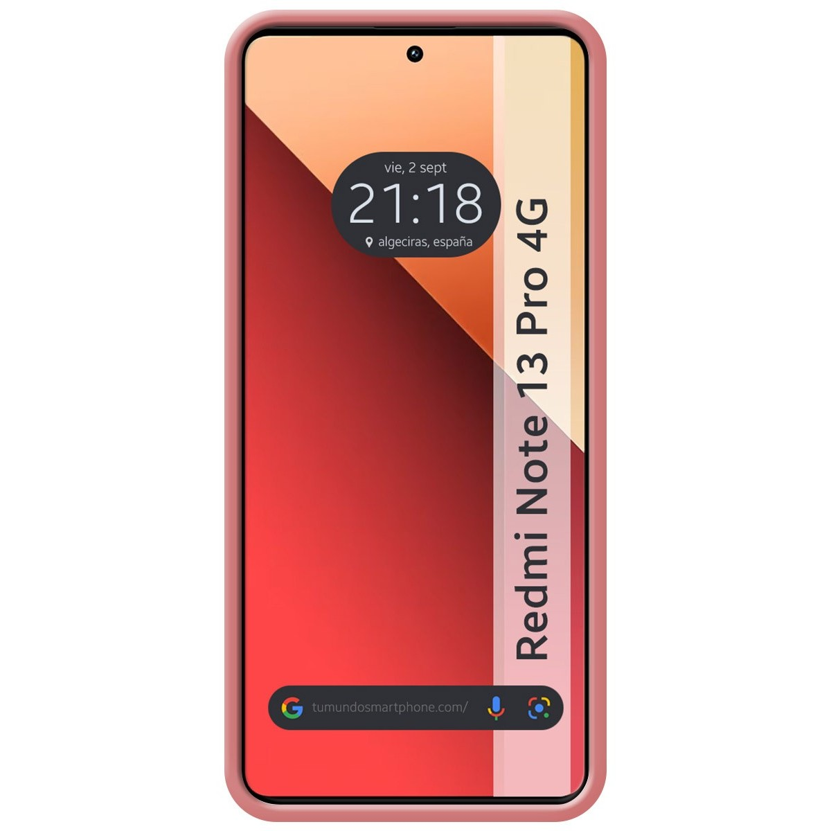 Custodia rosa con schermo del telefono che mostra l'ora e la posizione.