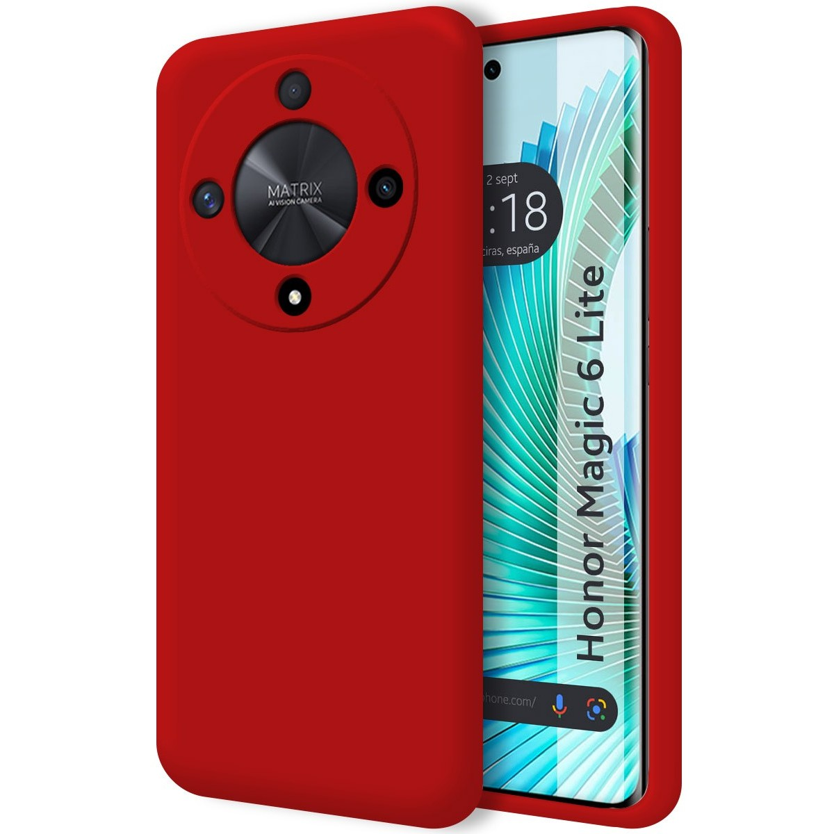 Custodia rossa con un modulo fotocamera in un cerchio.