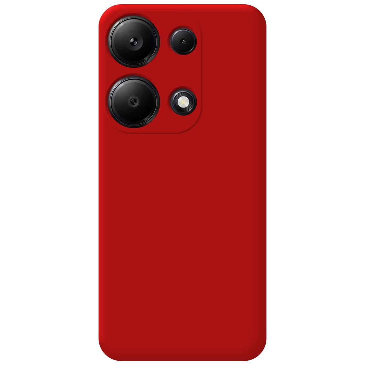 Retro del telefono rosso con lenti a tripla fotocamera e flash.