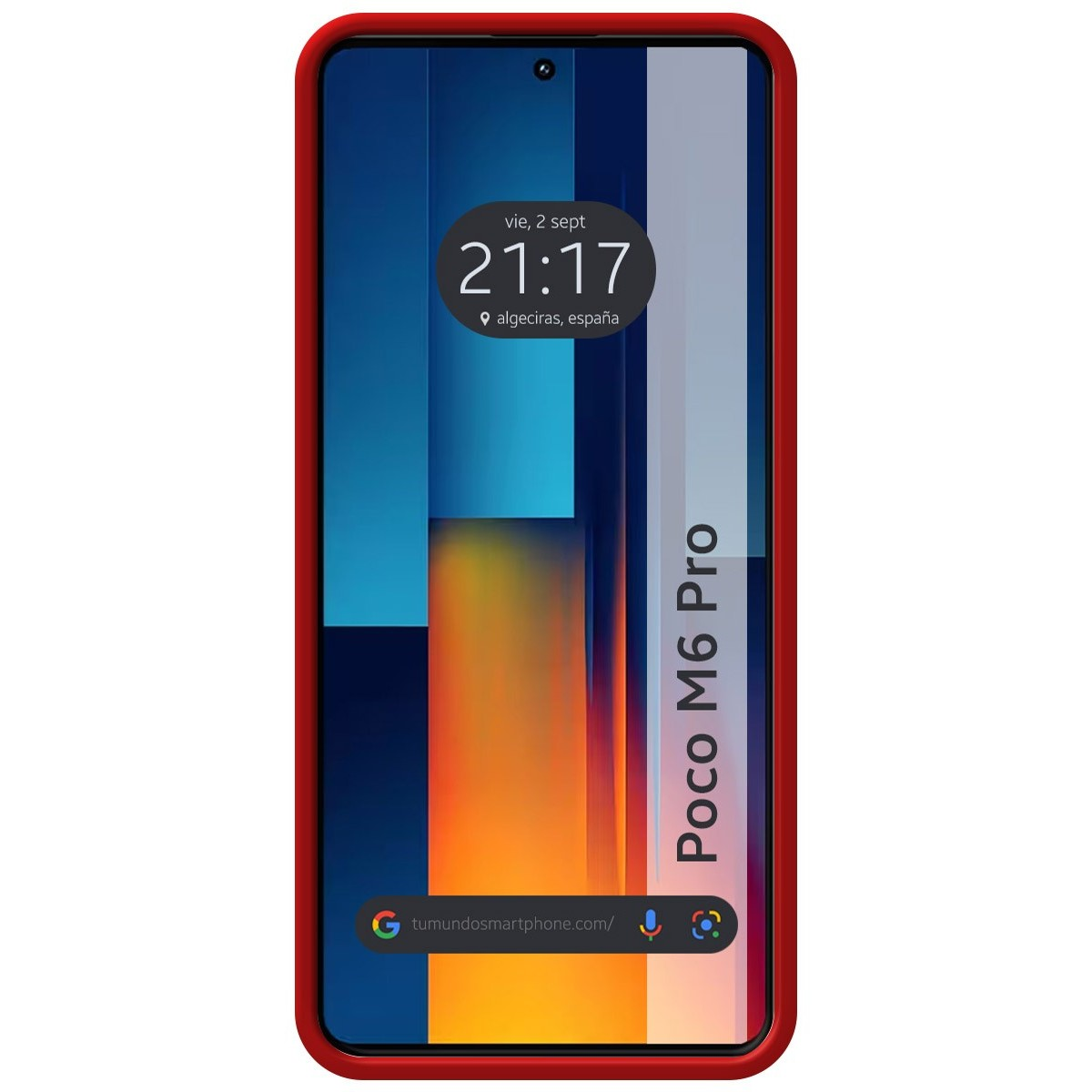 Telefono con cornice rossa mostra ora, data e Poco M6 Pro. Sfondo astratto colorato.