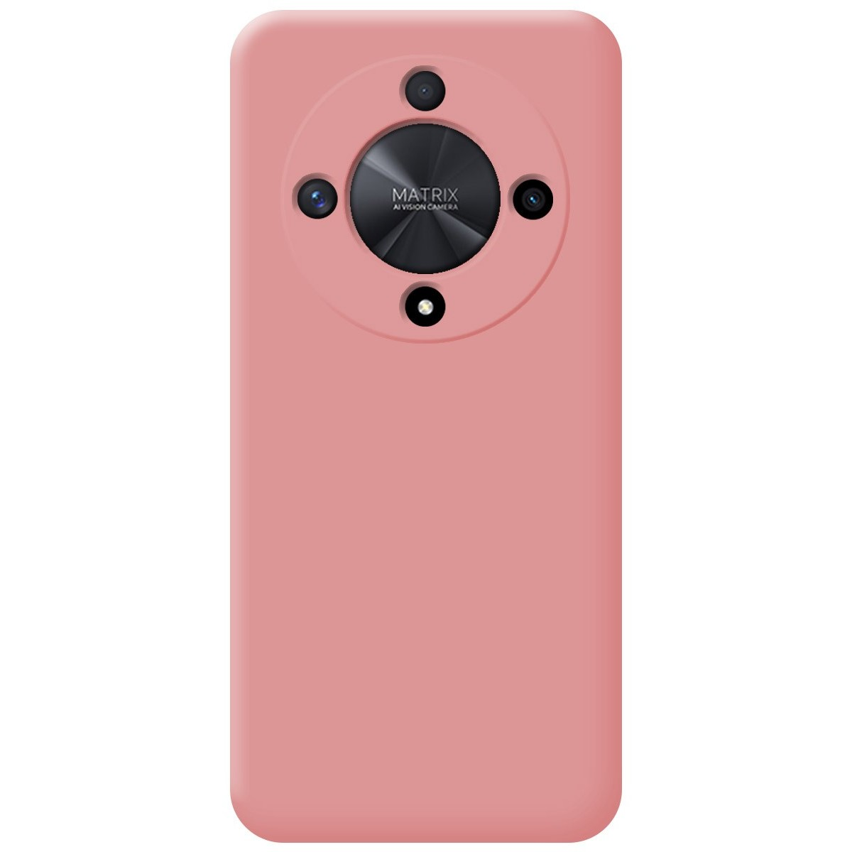 Custodia per telefono rosa con modulo fotocamera e la scritta 'MATRIX'.