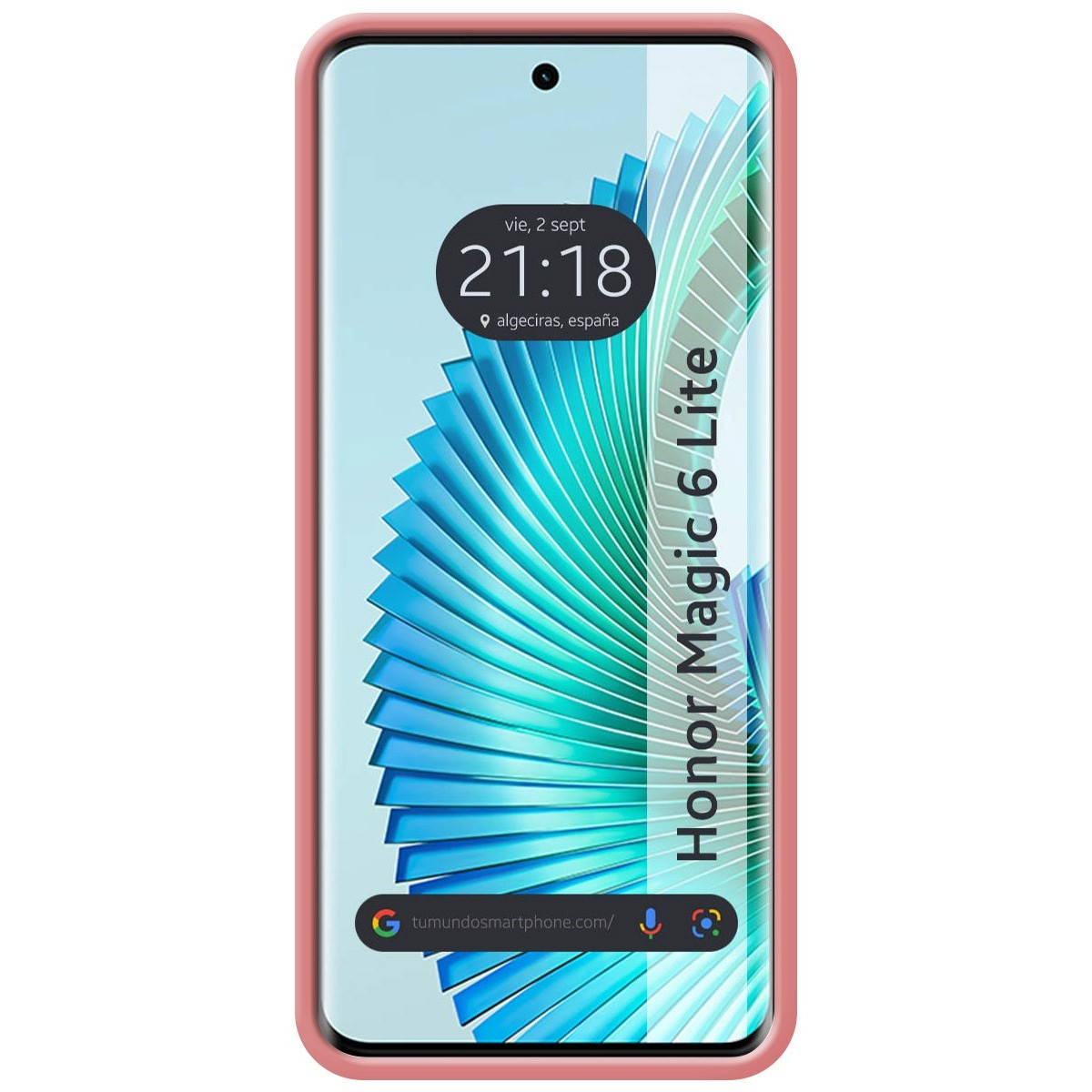 Custodia per telefono rosa con un telefono che mostra l'ora e la data. Cornice bianca.