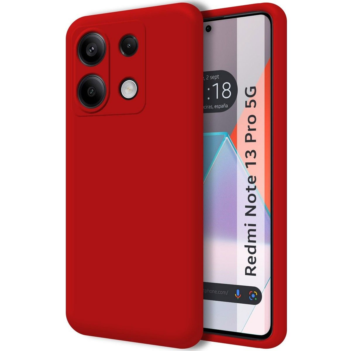 Una funda de teléfono roja, que muestra la parte trasera de un teléfono con una configuración de cámara.