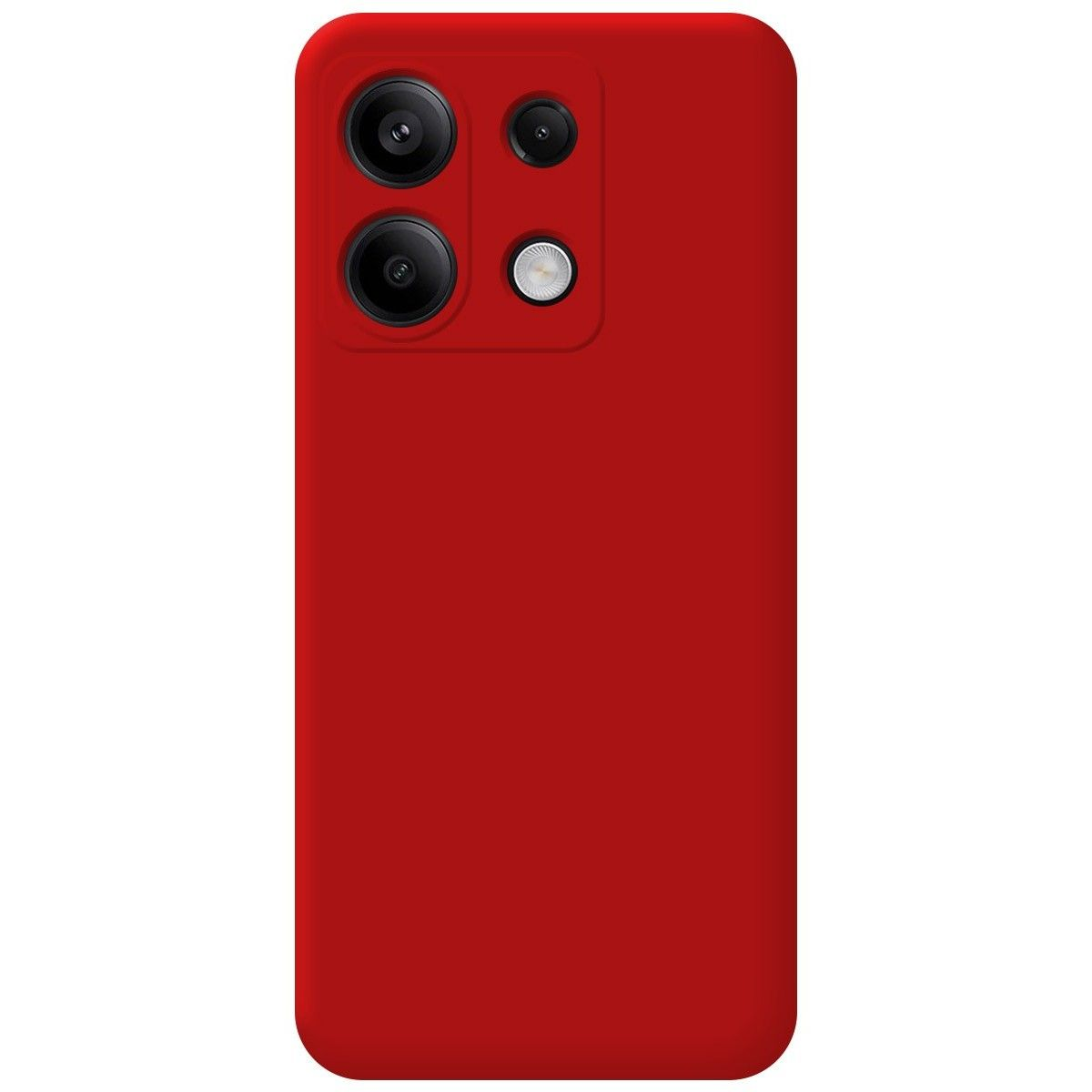 Una funda roja para teléfono con tres cámaras traseras y un flash. La funda es lisa sin diseños.
