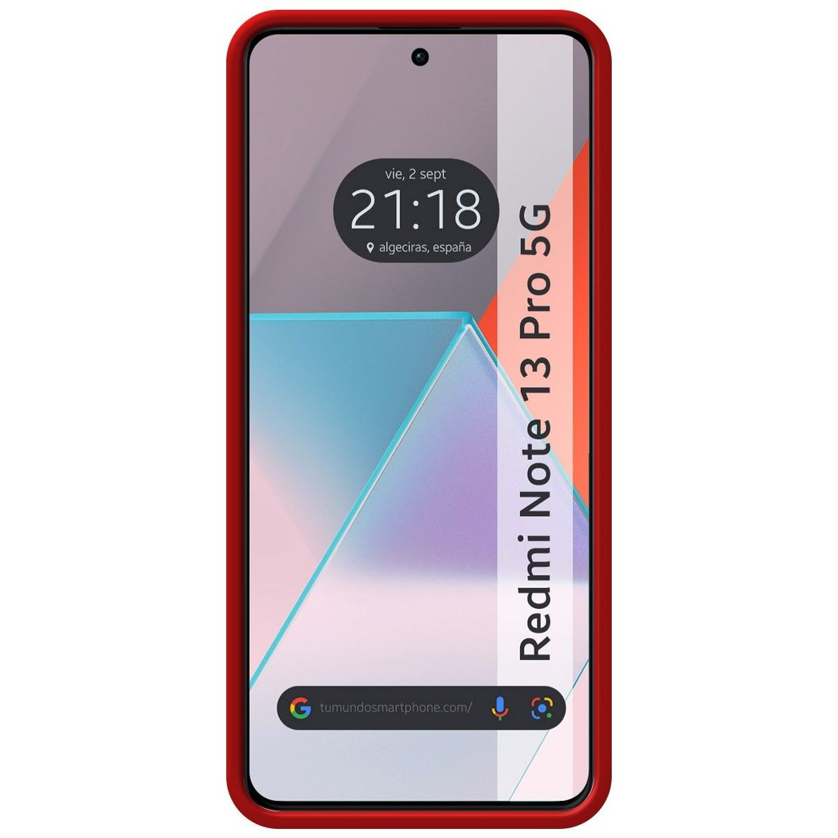 Un teléfono con marco rojo muestra una hora y una fecha en su pantalla.