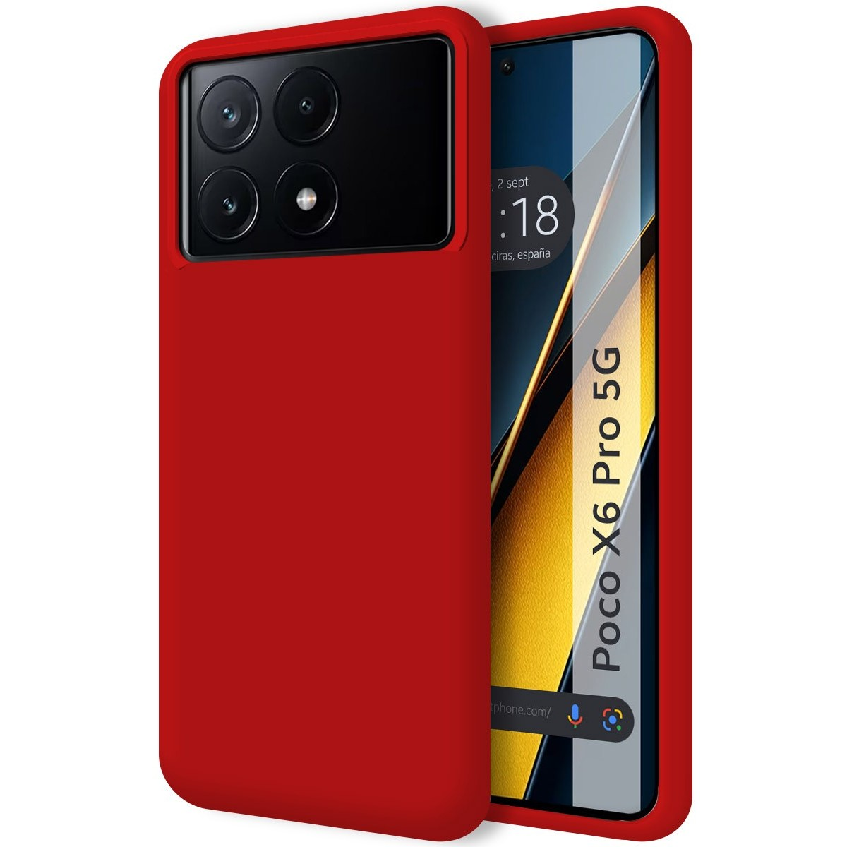 Custodia per telefono rossa. Un telefono con tre obiettivi è all'interno della custodia.