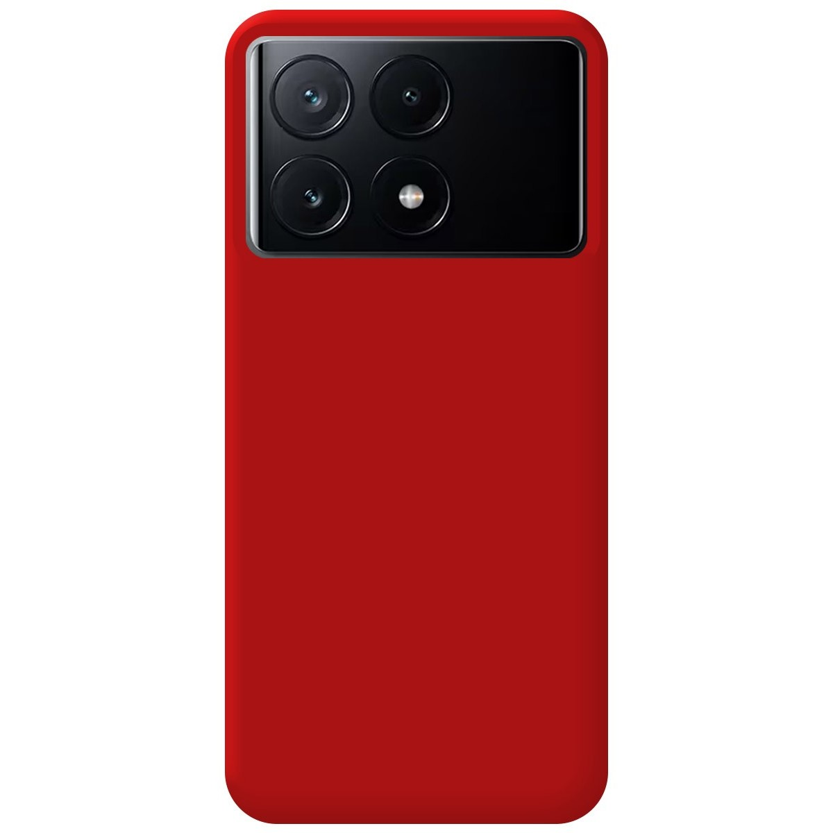 Custodia rossa per telefono con quattro obiettivi. La custodia è mostrata su sfondo bianco.