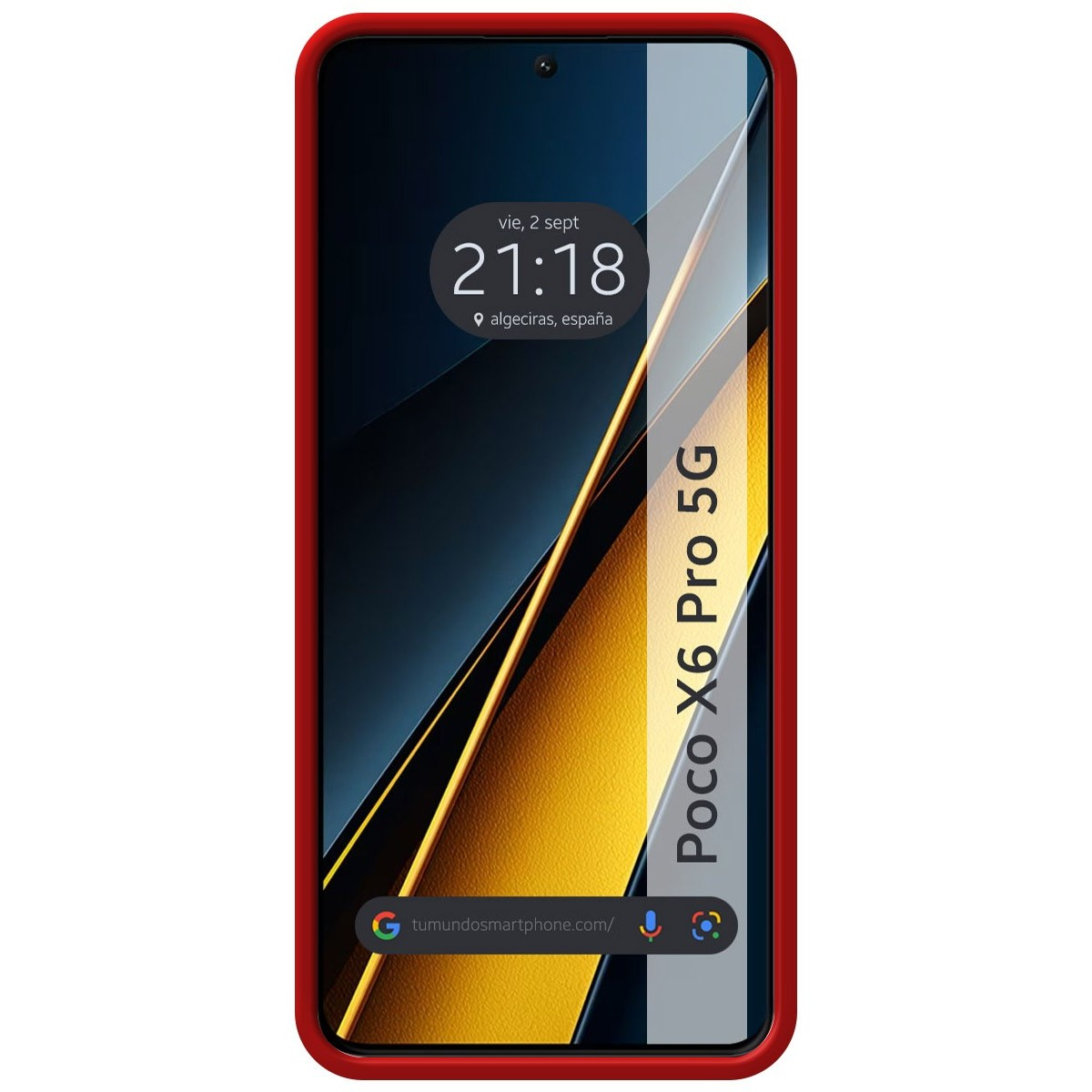 Custodia per telefono rossa con schermo che mostra ora e posizione. Il modello del telefono è Poco X6 Pro 5G.