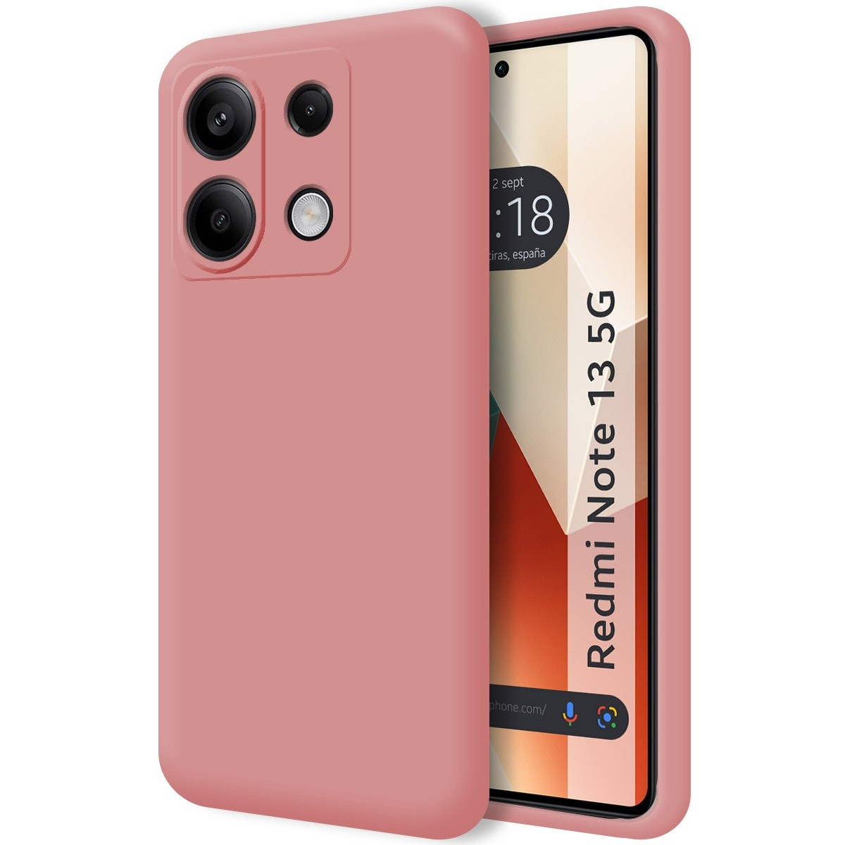 Telefono e custodia rosa. Il telefono ha fotocamere sul retro.