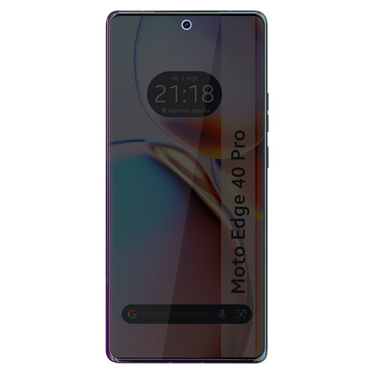 Uno smartphone che mostra l'ora e il luogo. Lo schermo ha un effetto sfumato.