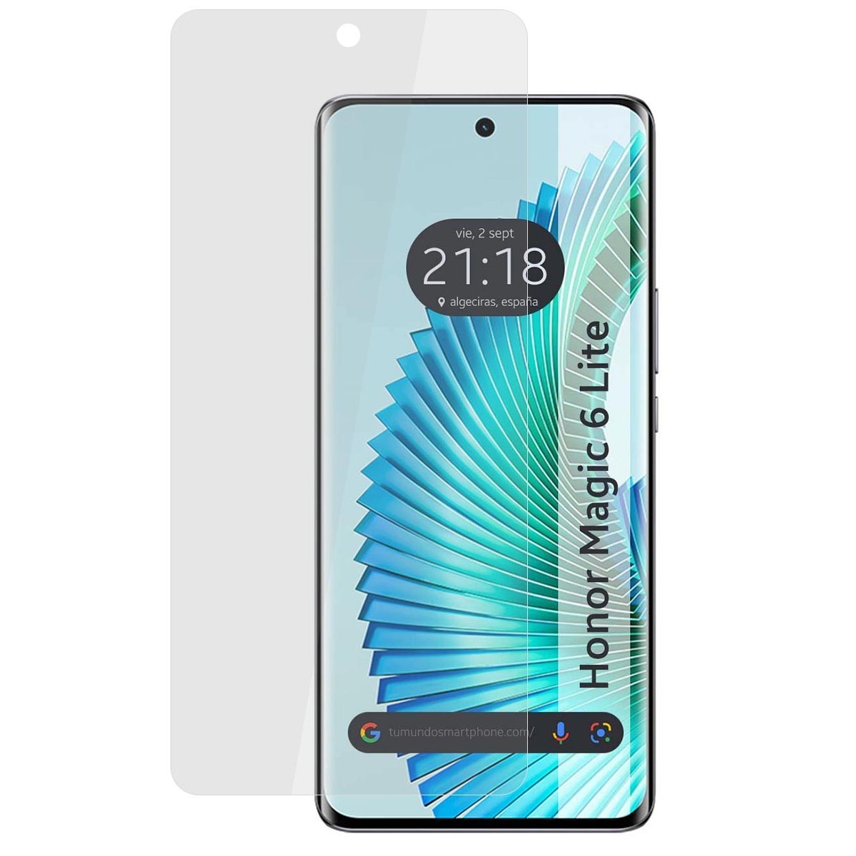 Telefono con protezione schermo, mostra l'ora e il testo 'Honor Magic 6 Lite'.