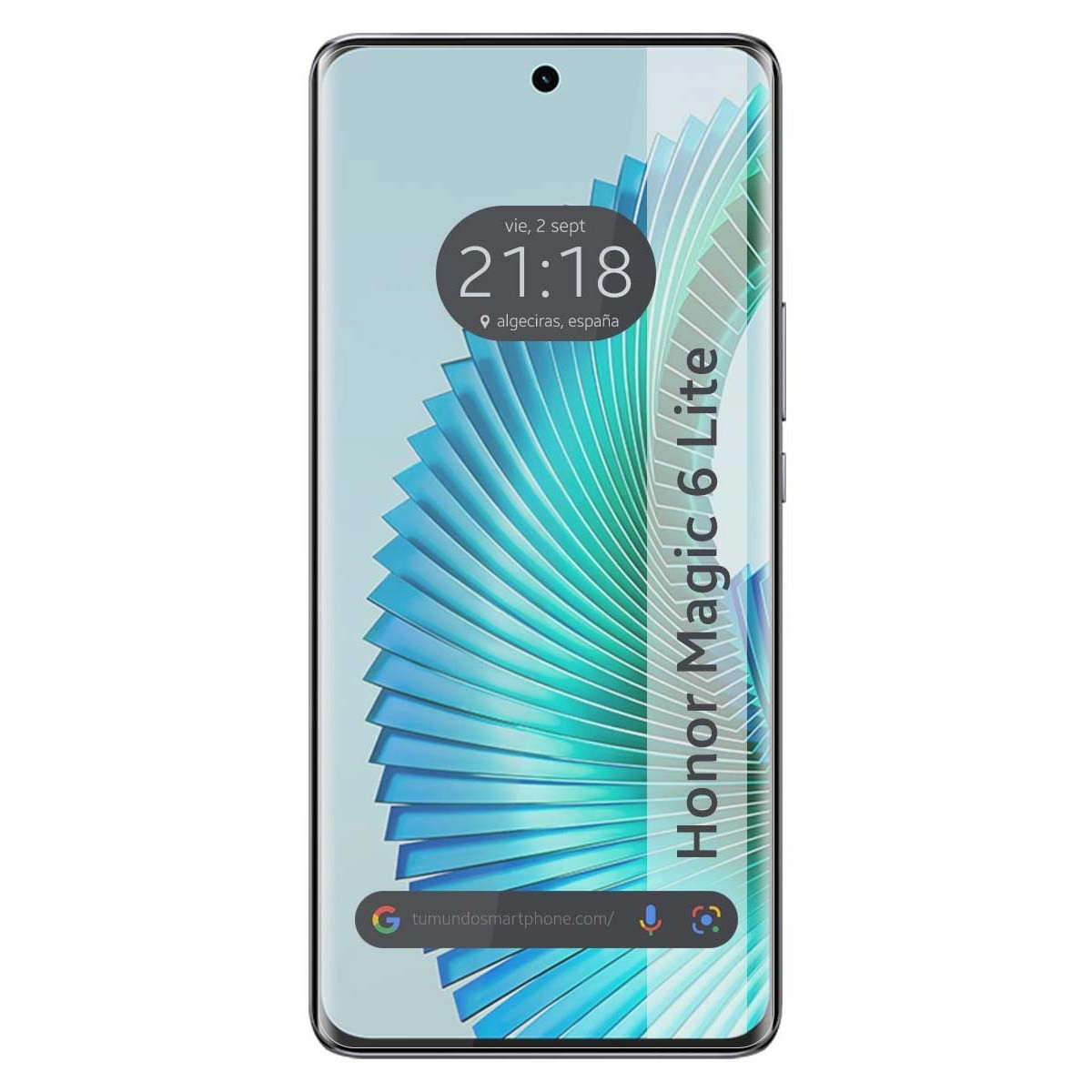 Uno smartphone con l'ora, la data e un indirizzo web visualizzati sullo schermo.