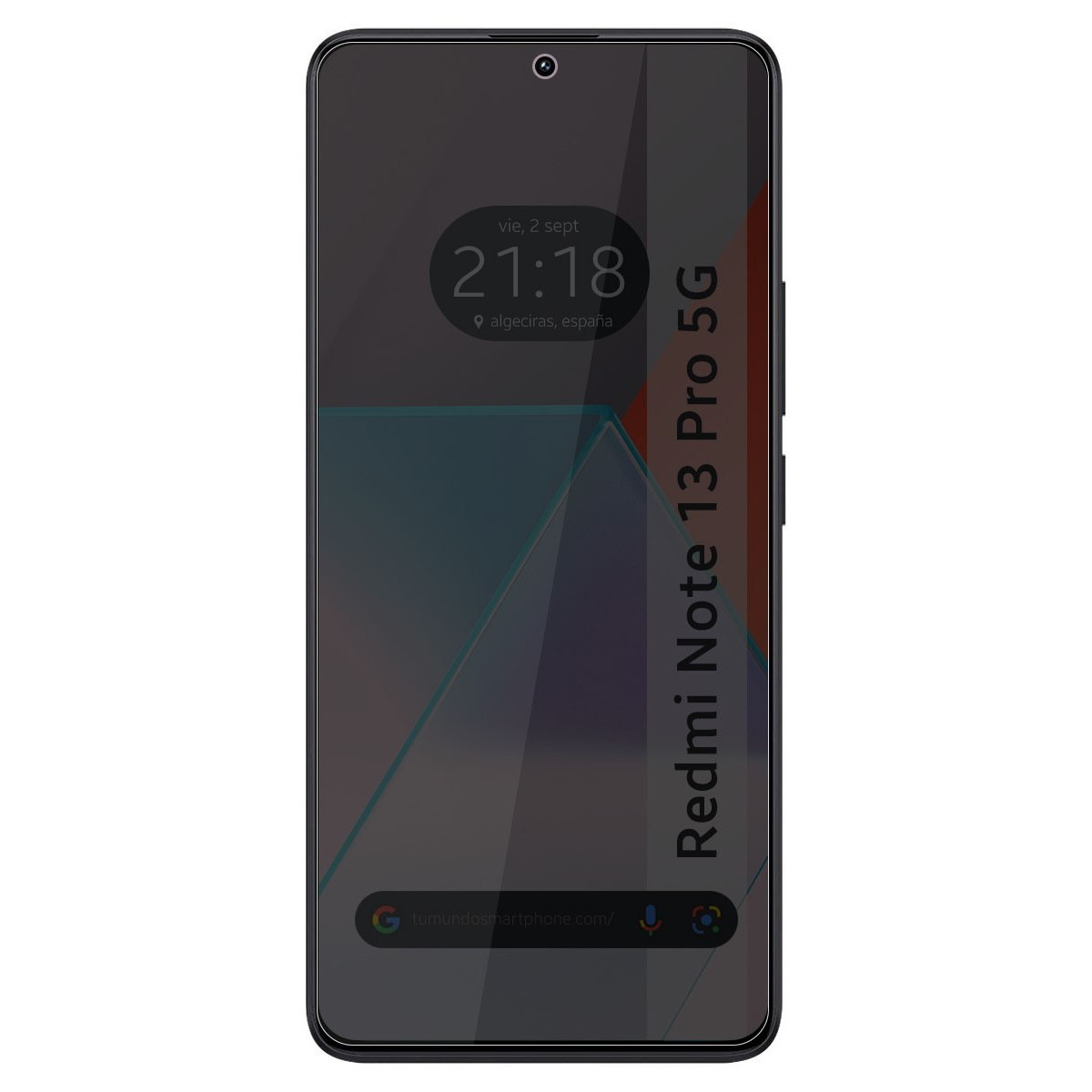 Schermo del telefono che mostra ora e posizione. Testo: Redmi Note 13 Pro 5G. Colore grigio scuro.