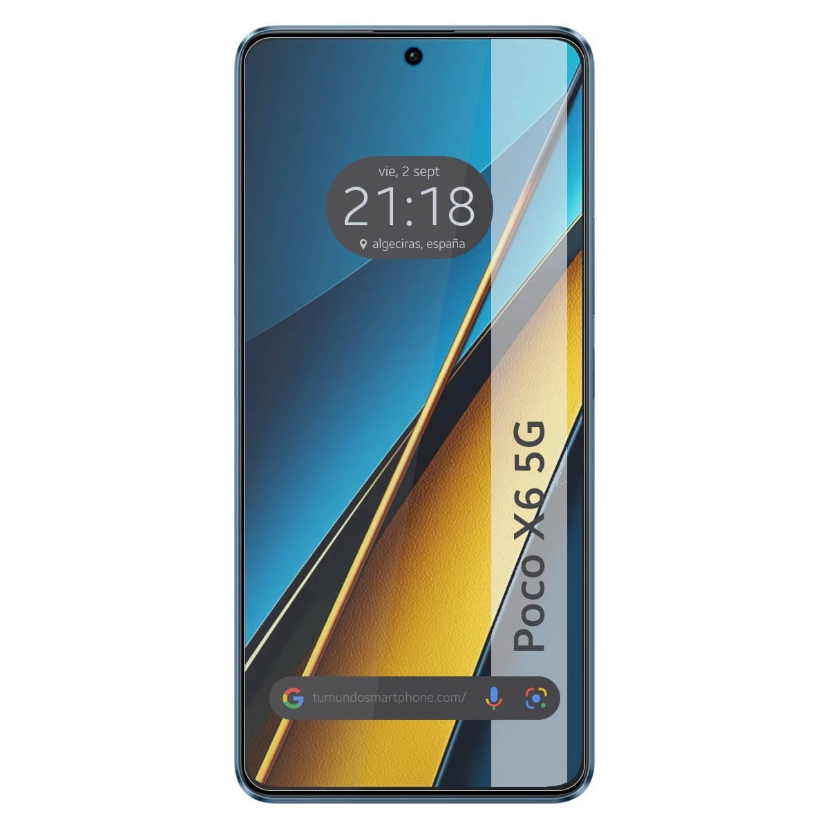 Un telefono che mostra l'ora e la posizione con il logo Poco X6 5G e uno sfondo blu e giallo.