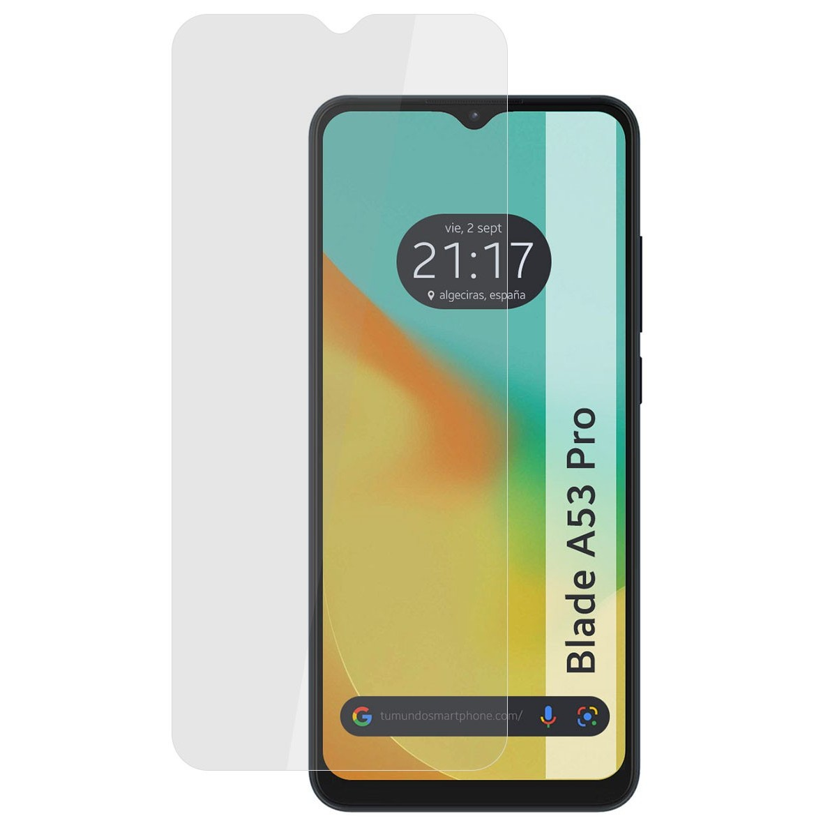 Un telefono con protezione per lo schermo. Il telefono mostra l'ora e il luogo e ha 'Blade A53 Pro'.