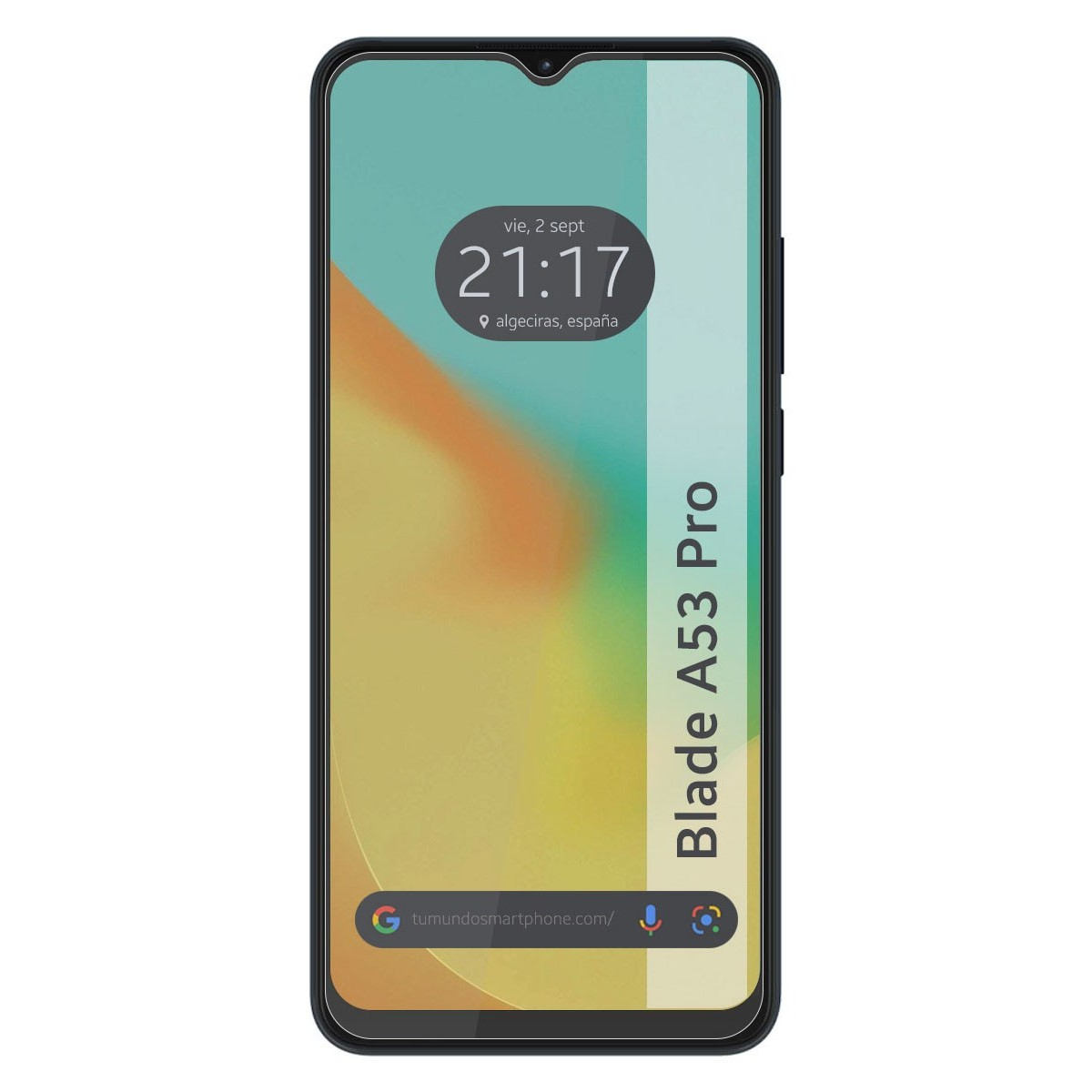 Smartphone con l'ora, la data e un indirizzo web visualizzati sullo schermo.