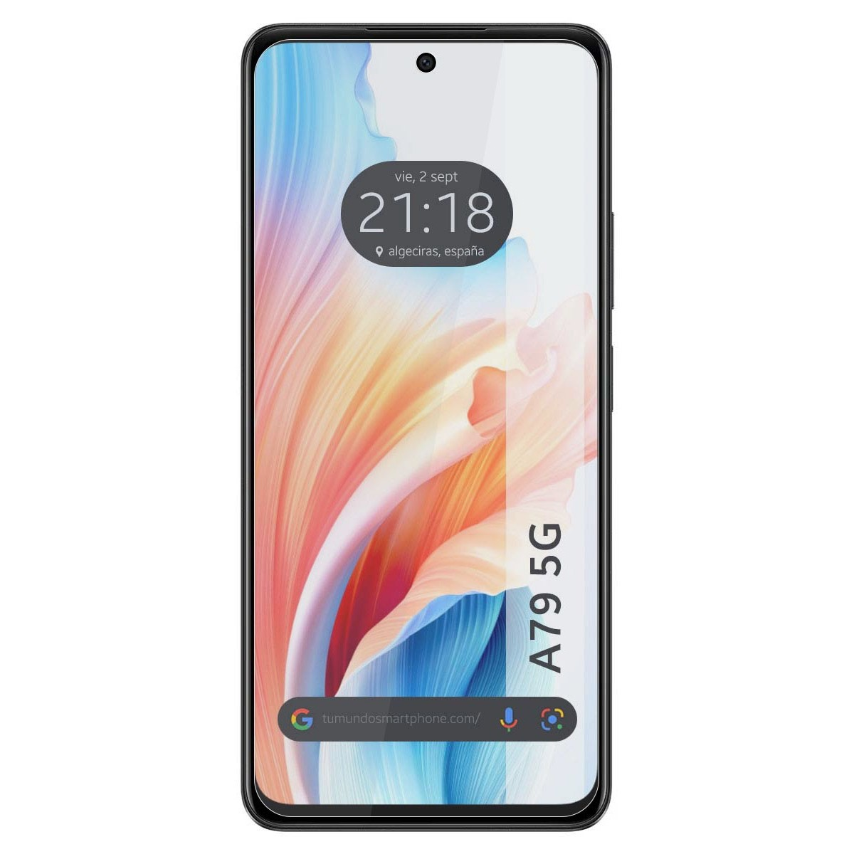 Uno smartphone che mostra uno sfondo astratto colorato e un'ora e una posizione.