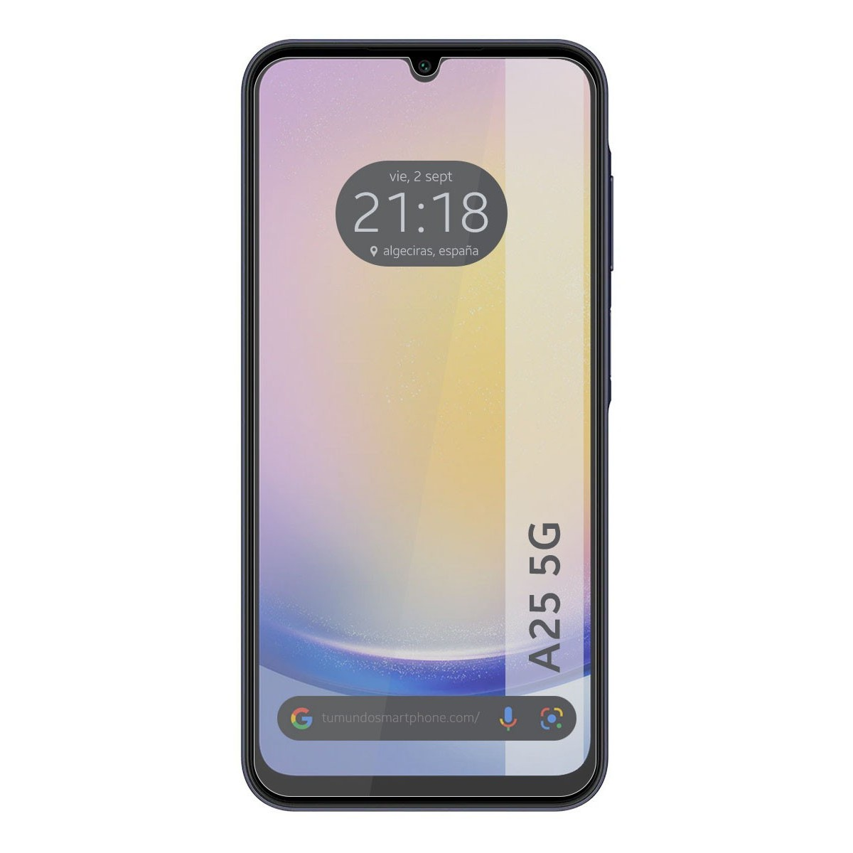 Un smartphone negro con una pantalla que muestra la hora y la ubicación.