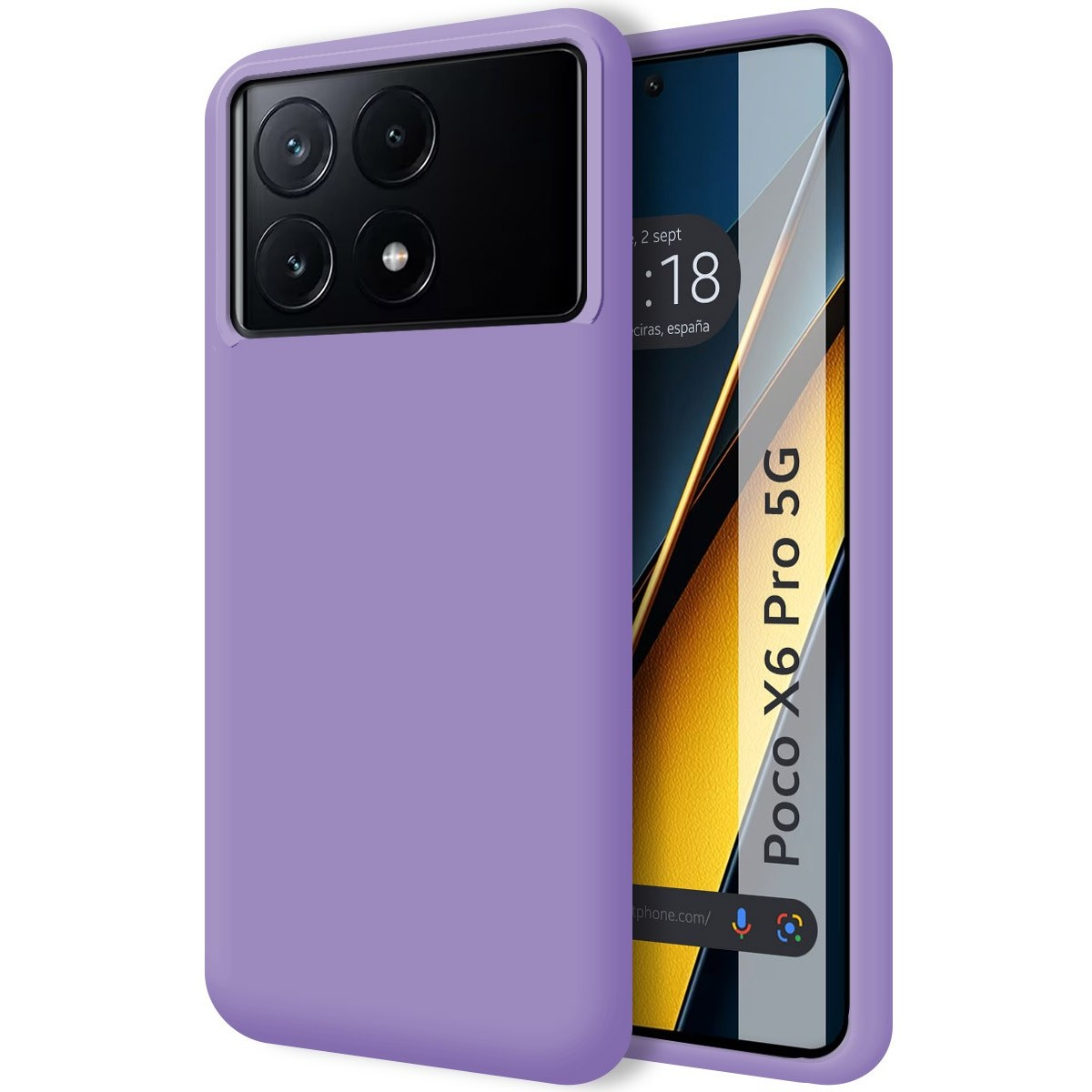 Custodia viola per telefono su sfondo bianco, che mostra fotocamera e schermo.