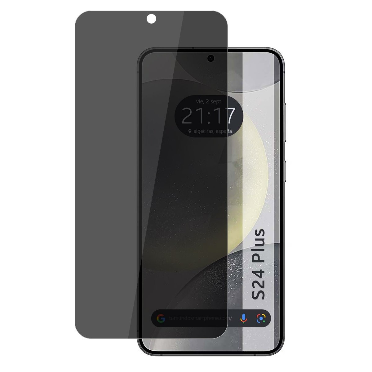 Smartphone S24 Plus con protezione schermo, che mostra l'ora. Protezione schermo grigia e telefono.