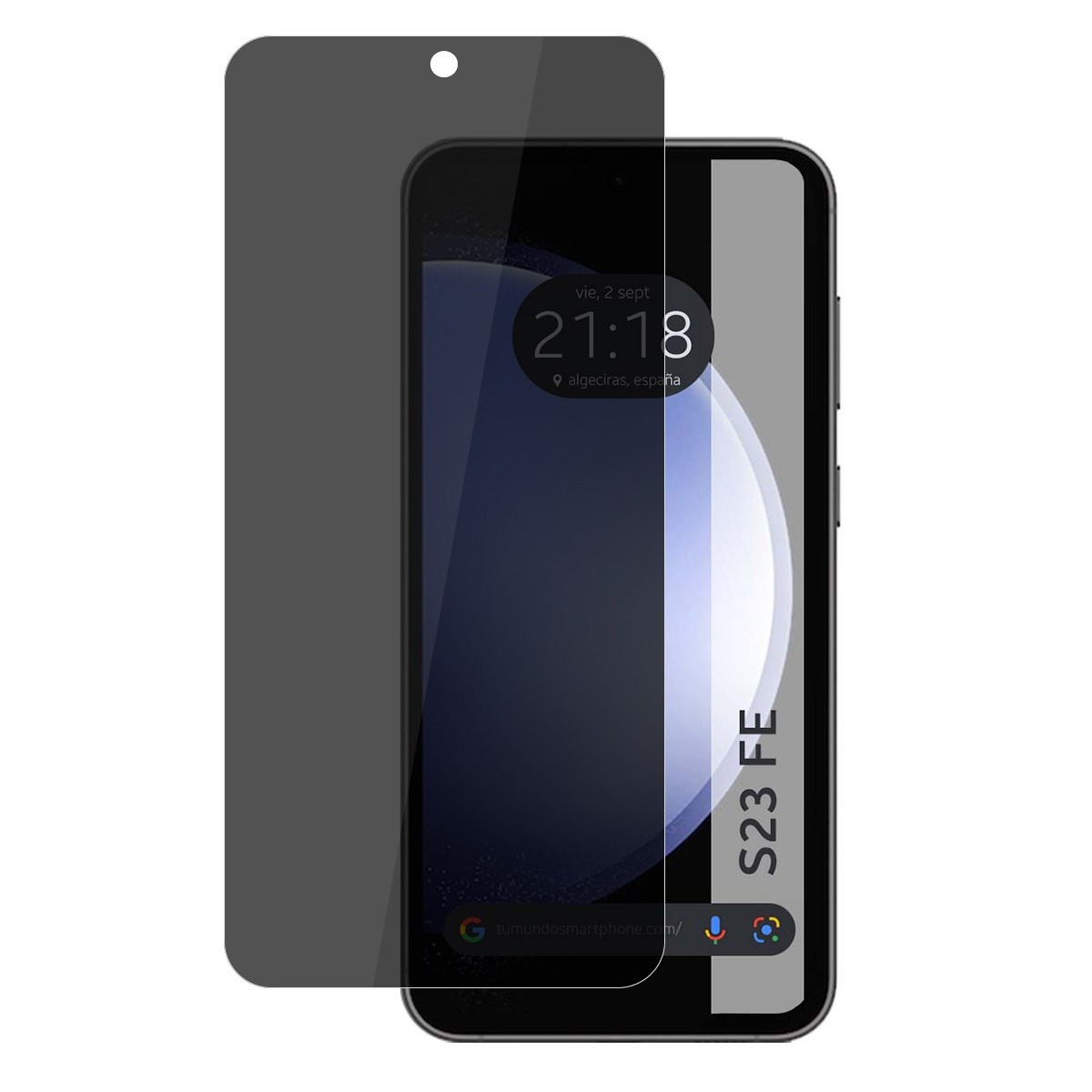 Schermo del telefono e protezione schermo che mostrano ora e posizione. Testo: S23 FE. Grigio scuro.