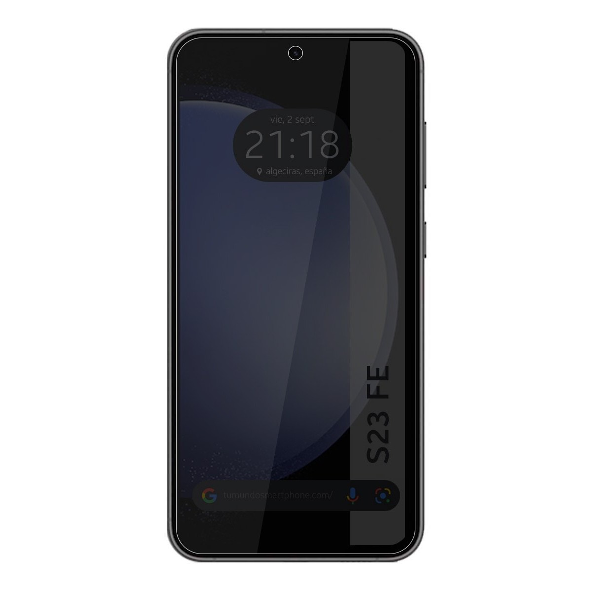 Telefono nero con schermo acceso. Lo schermo mostra ora e luogo.