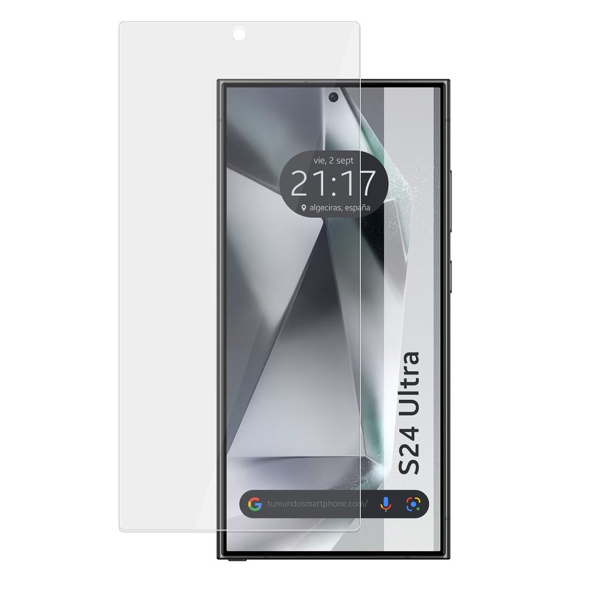 Telefono S24 Ultra con protezione schermo. Mostra ora e luogo. La protezione è trasparente.