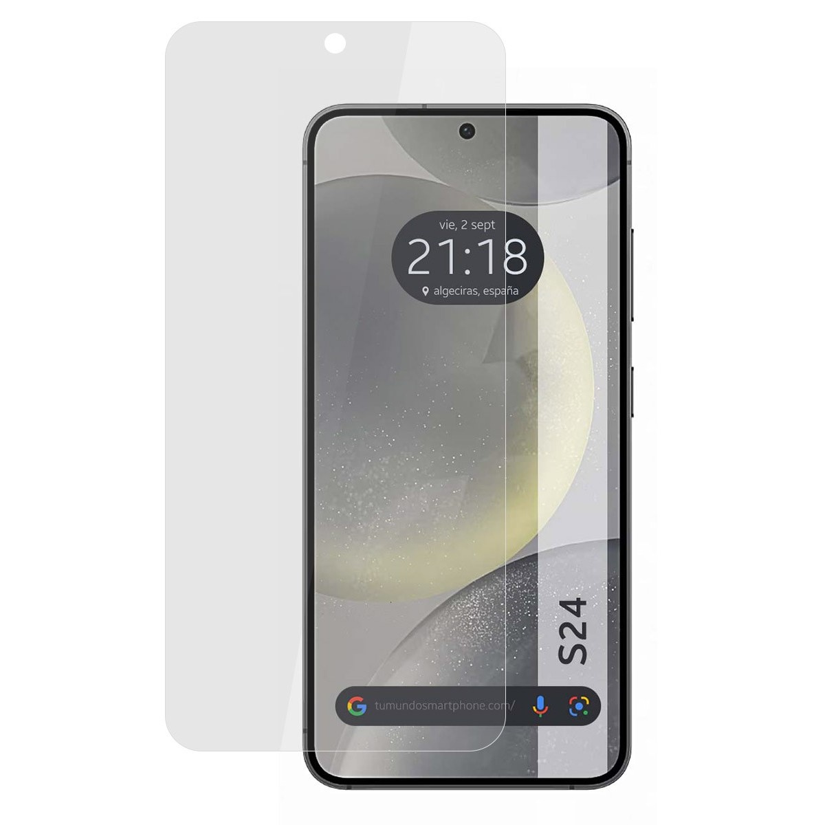 Una pantalla de teléfono con un protector de pantalla al lado. El teléfono muestra la hora y la fecha.