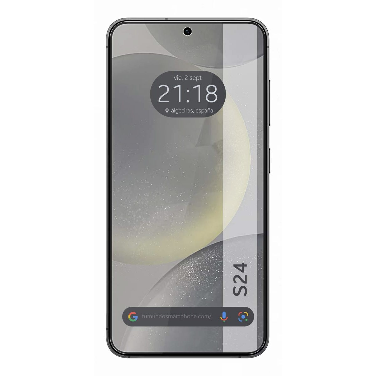 Pantalla de teléfono mostrando la hora. El teléfono tiene un marco negro.