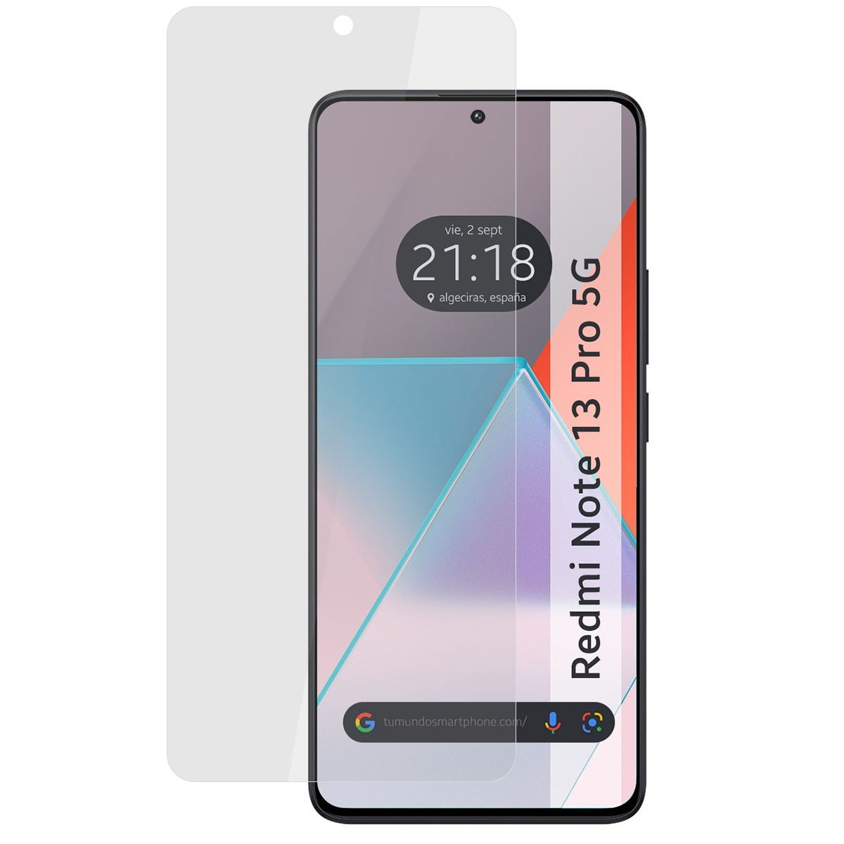 Telefono con protezione schermo. Lo schermo mostra data e ora. Testo Redmi Note 13 Pro 5G sul lato.