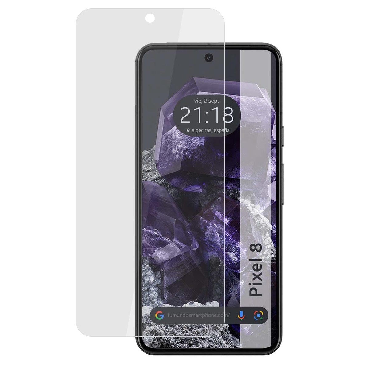 Pellicola protettiva per schermo su un telefono con design cristallo viola e testo 'Pixel 8'.