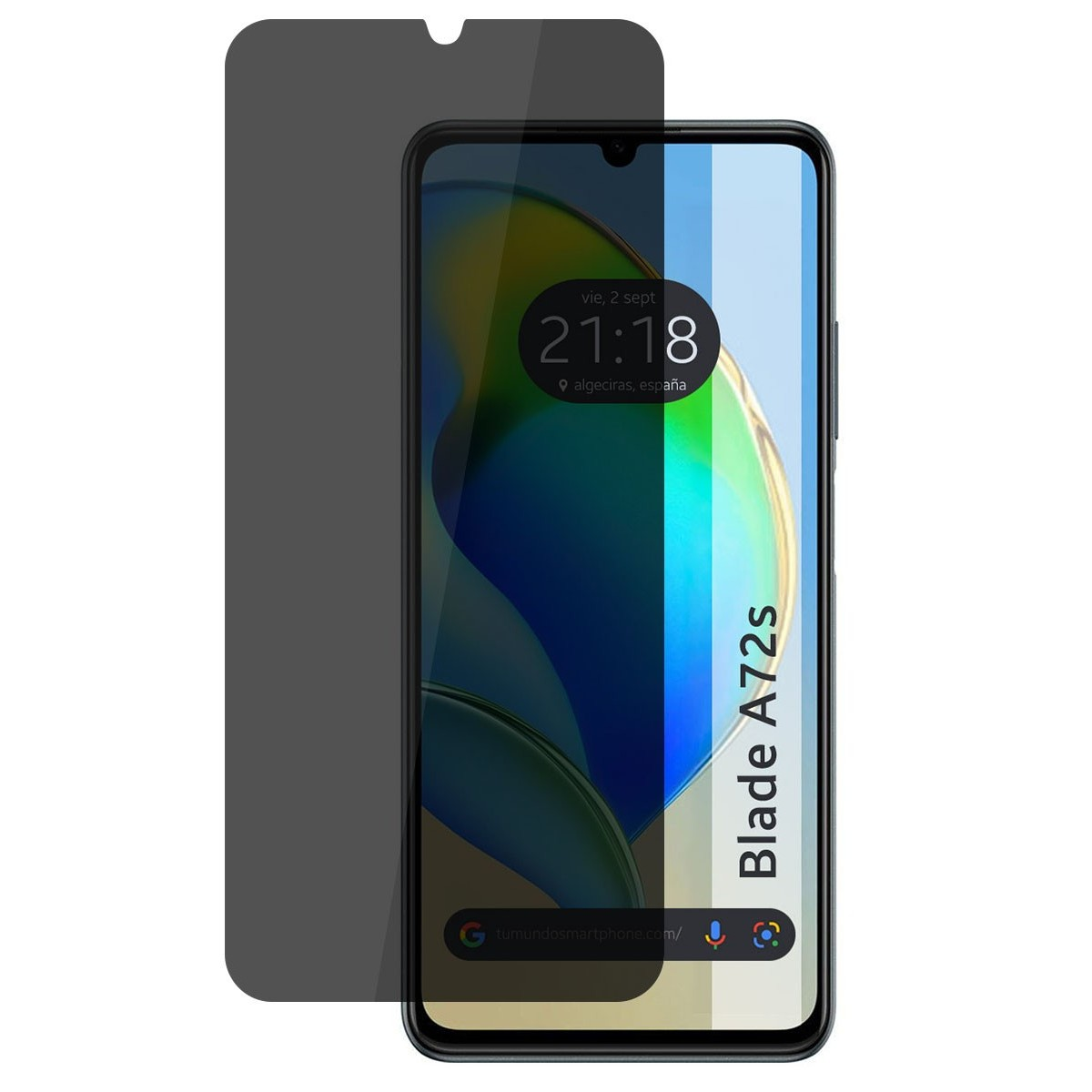 Telefono con protezione schermo. L'ora è 21:18. Il telefono è bianco e nero.