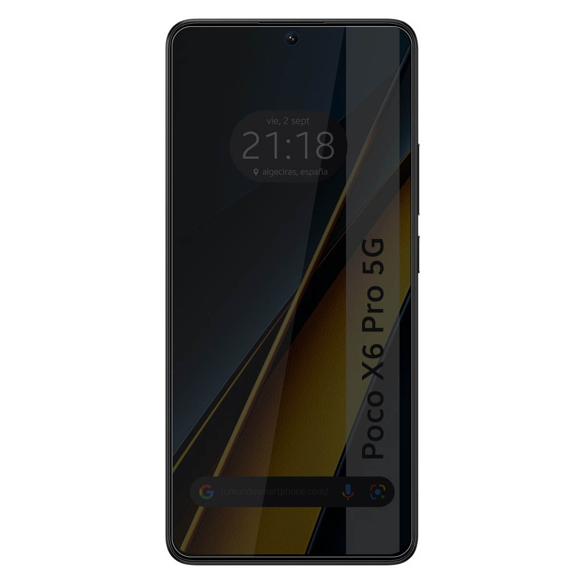 Un telefono nero Poco X6 Pro 5G mostra l'ora. Lo schermo ha uno sfondo scuro e astratto.