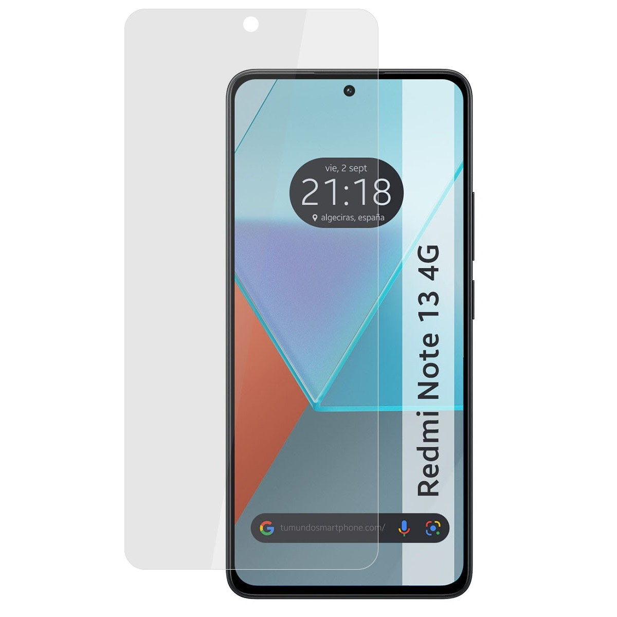 Teléfono con protector de pantalla. El teléfono muestra la hora y la ciudad. Protector de pantalla transparente.