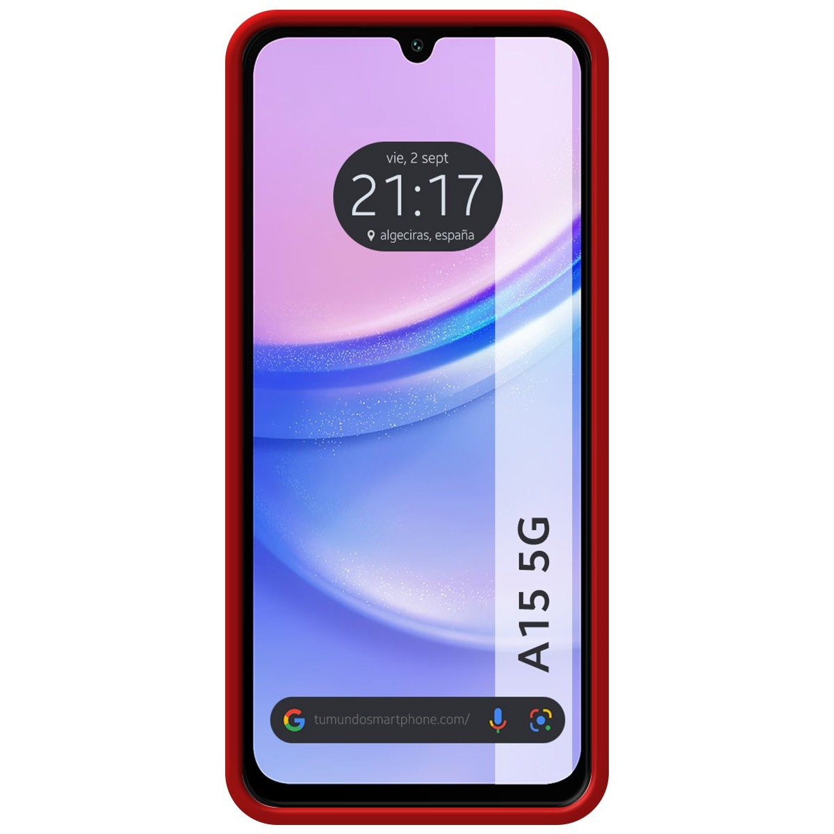 Smartphone con l'ora, la data e un indirizzo web visualizzati sullo schermo con una cornice rossa.