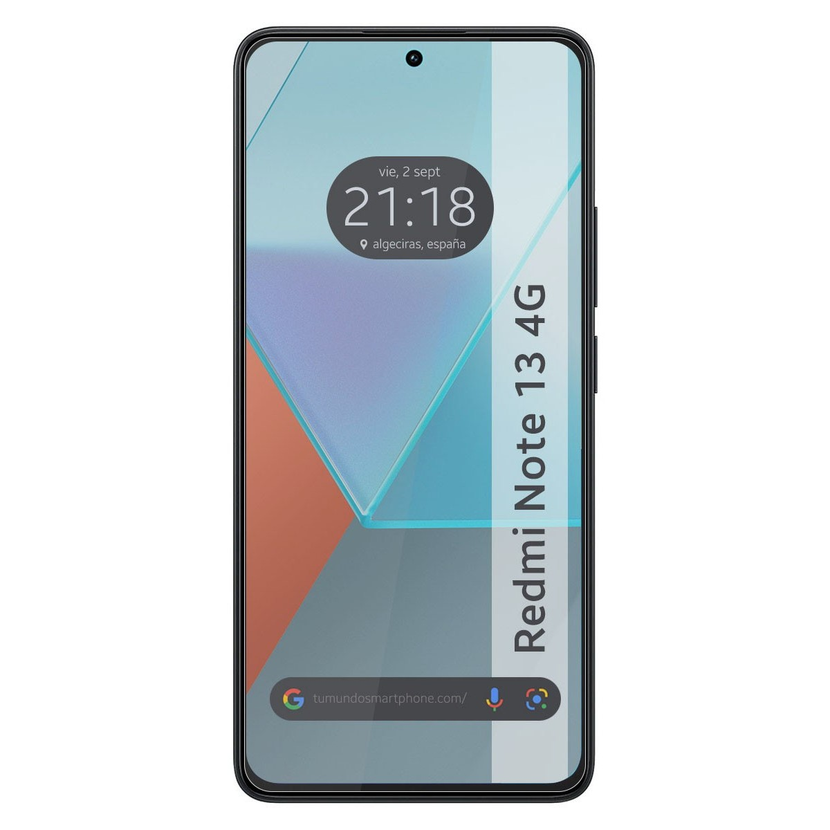 Una pantalla de teléfono que muestra la hora y la ubicación. El teléfono tiene un fondo azul y verde azulado.