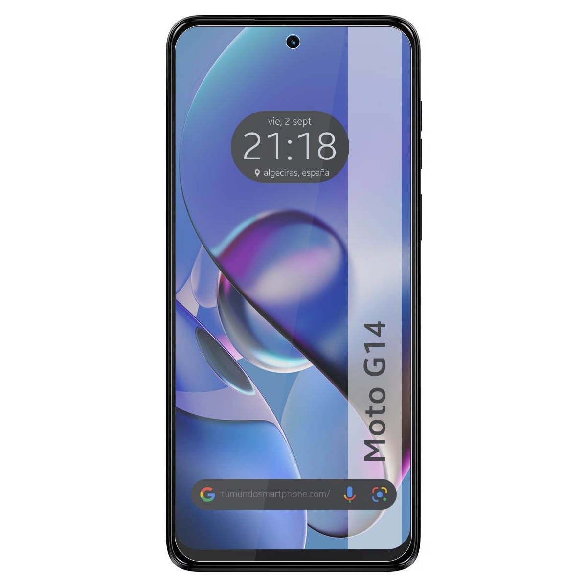 Il telefono mostra informazioni sull'ora e sulla posizione. Il modello del telefono è Moto G14.