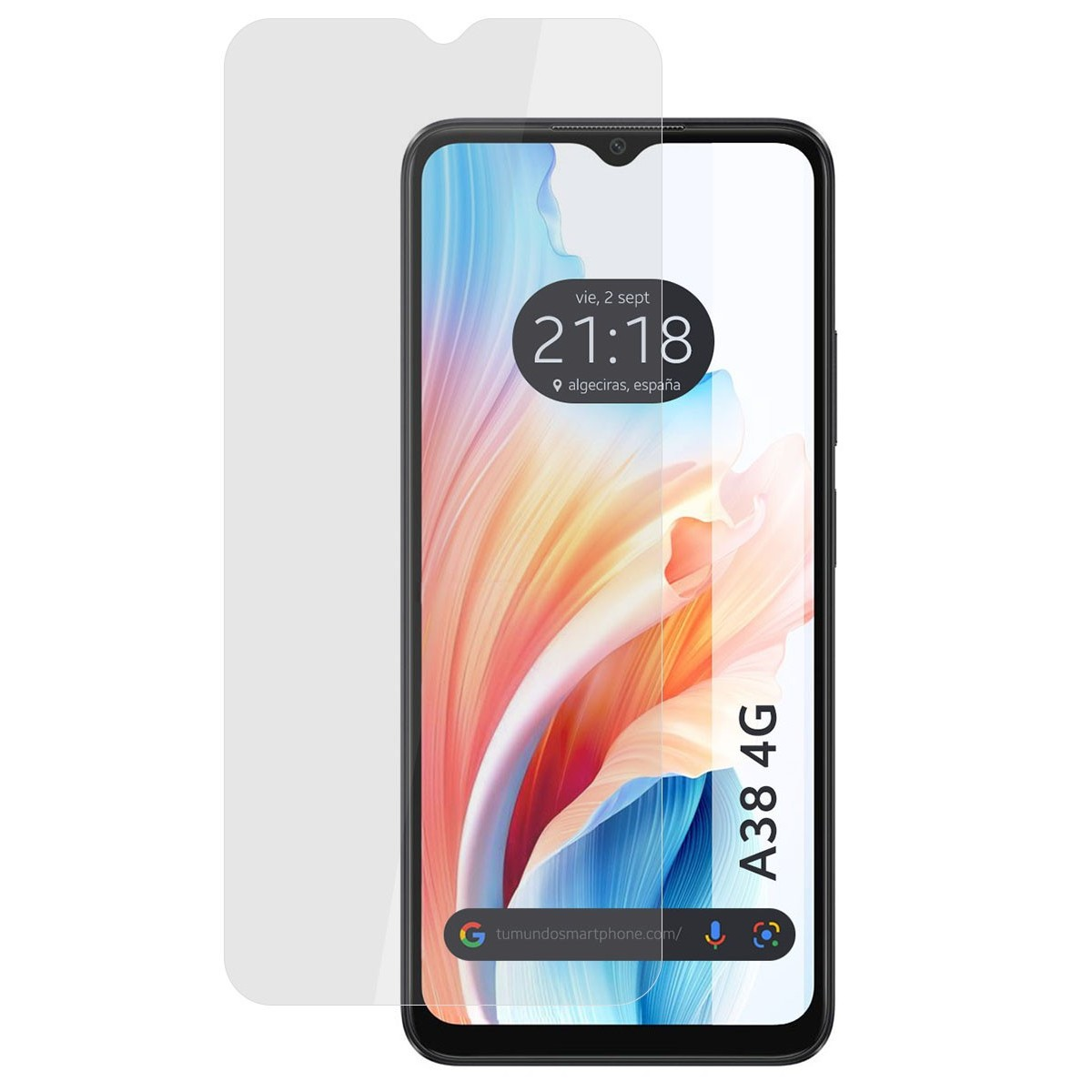 Telefono con protezione schermo applicata. Lo schermo mostra un design astratto colorato.