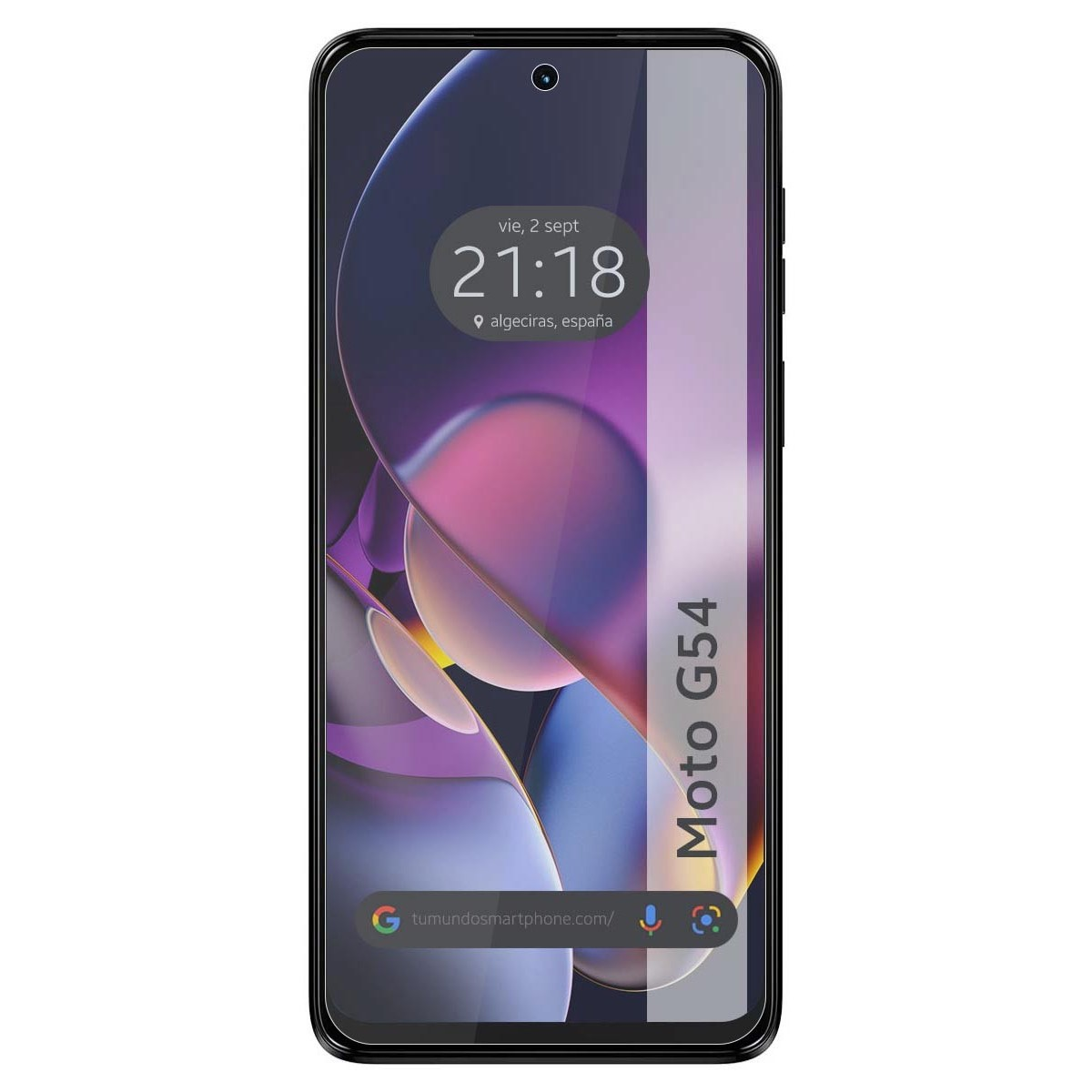Un telefono con uno schermo che mostra l'ora e la posizione. Lo schermo ha uno sfondo sfocato viola e blu.