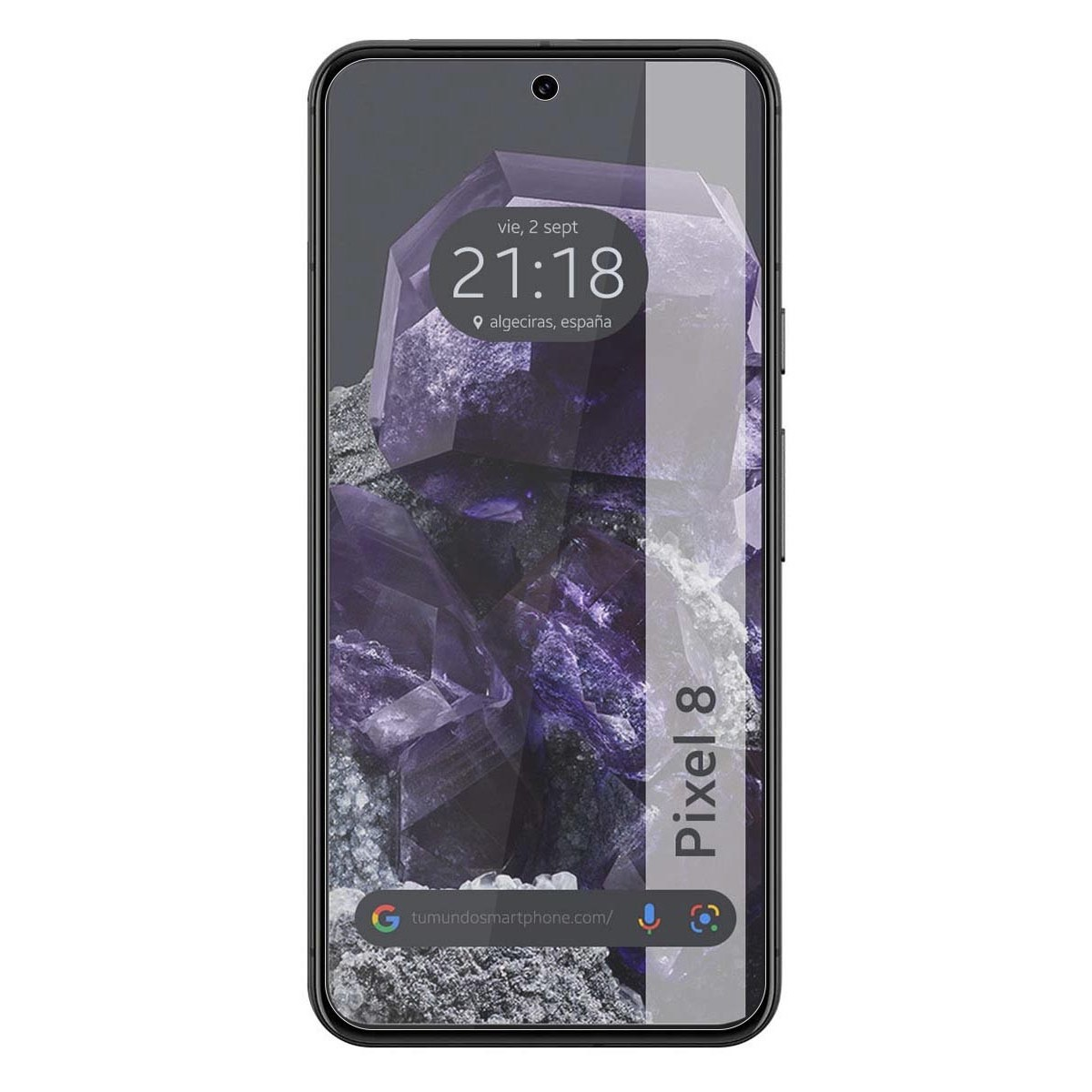 Telefono nero con schermo che mostra un design viola a cristallo. Data e ora.