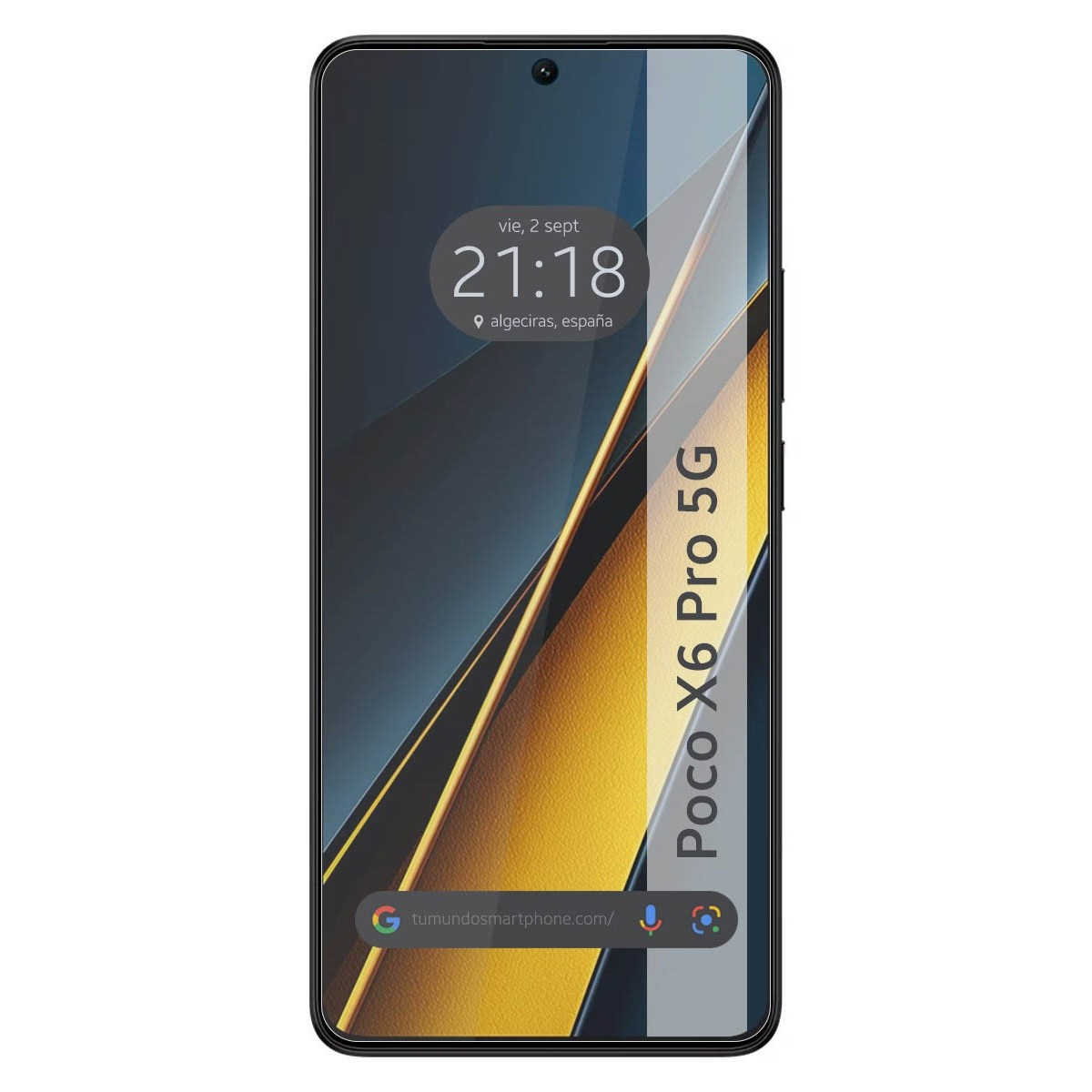 Telefono nero che mostra ora e data con etichetta Poco X6 Pro 5G sul lato destro.