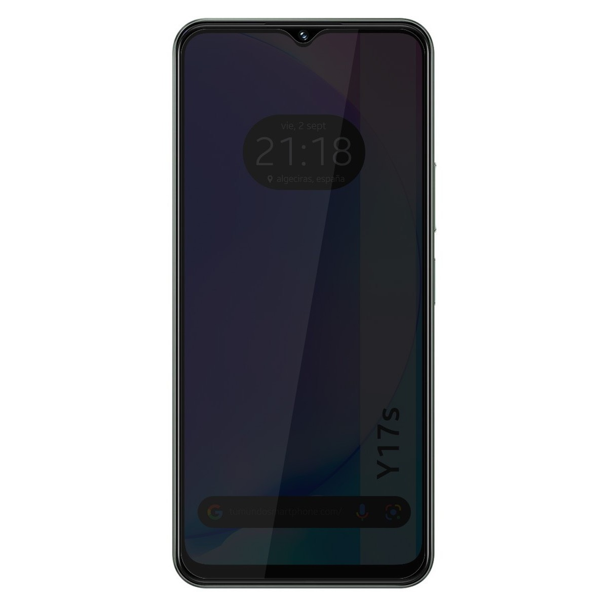Uno smartphone nero che mostra i dettagli dell'ora e della data, con il nome del modello del telefono.