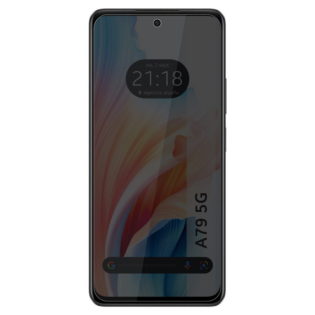 Schermo di uno smartphone che mostra data e ora, con un logo in basso.