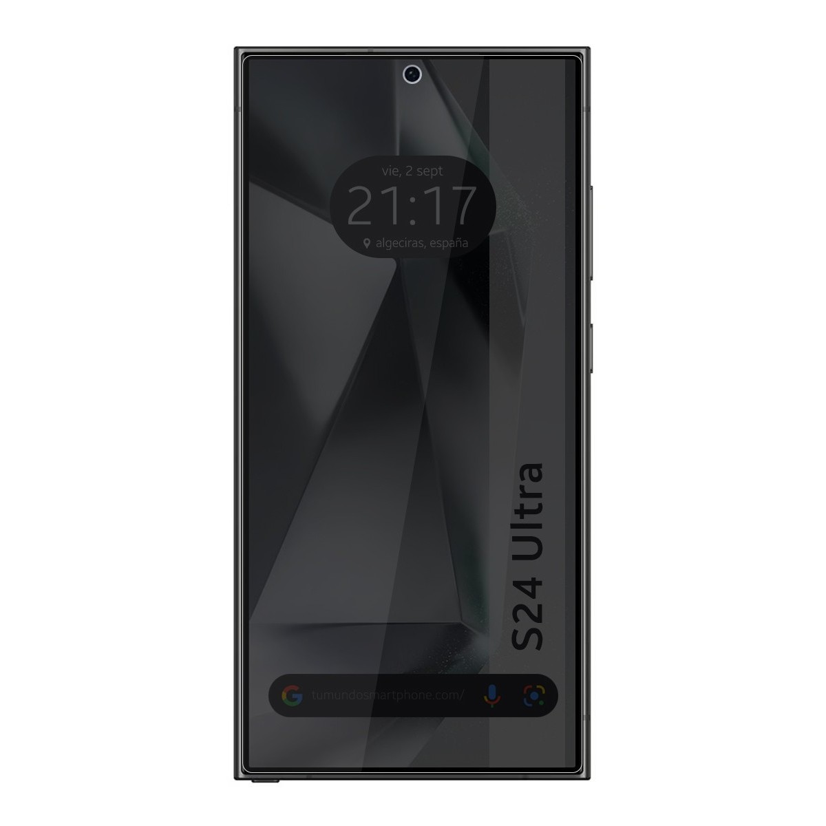 Schermo del telefono con sfondo scuro. Testo S24 Ultra a destra. Visualizza ora e posizione.