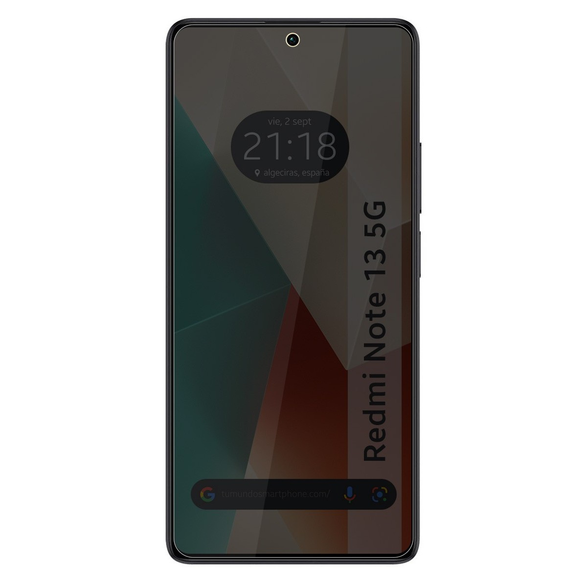 Telefono con schermo scuro che mostra ora e luogo, e il testo Redmi Note 13 5G.